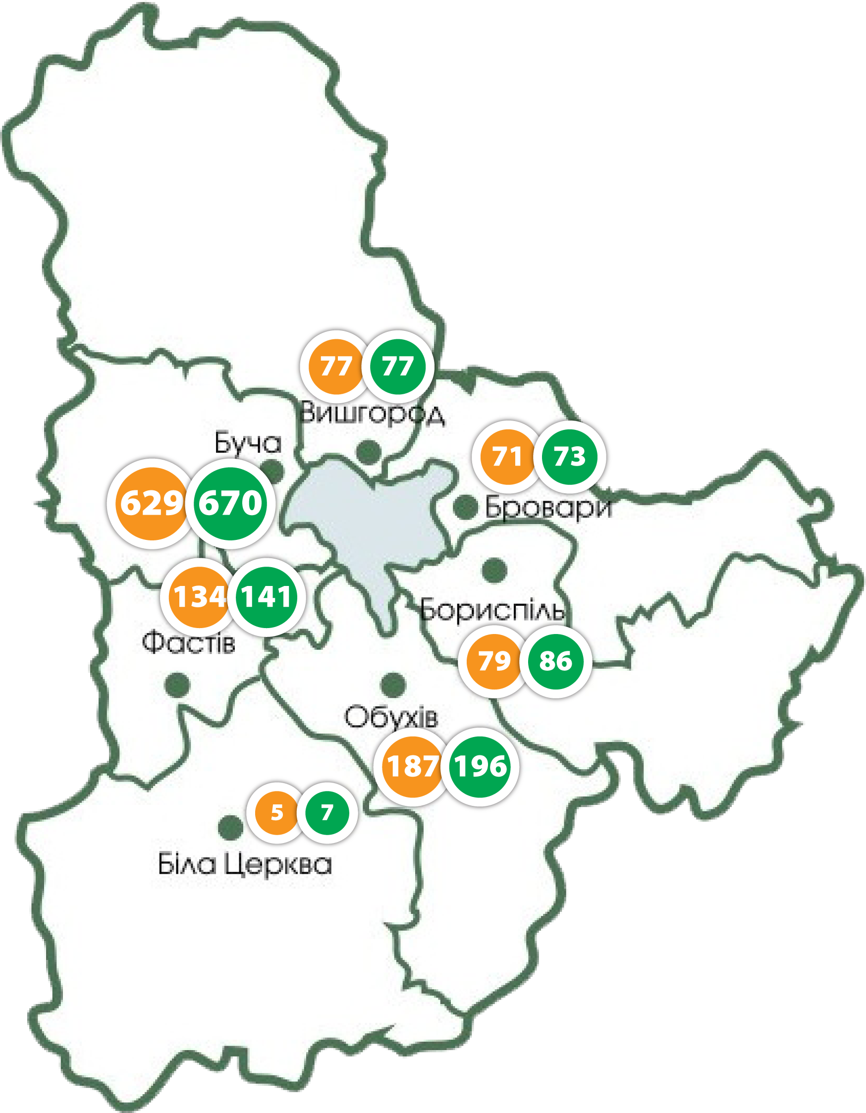 карта количества коттеджных городков на Киевщине в 2025 году, картинка