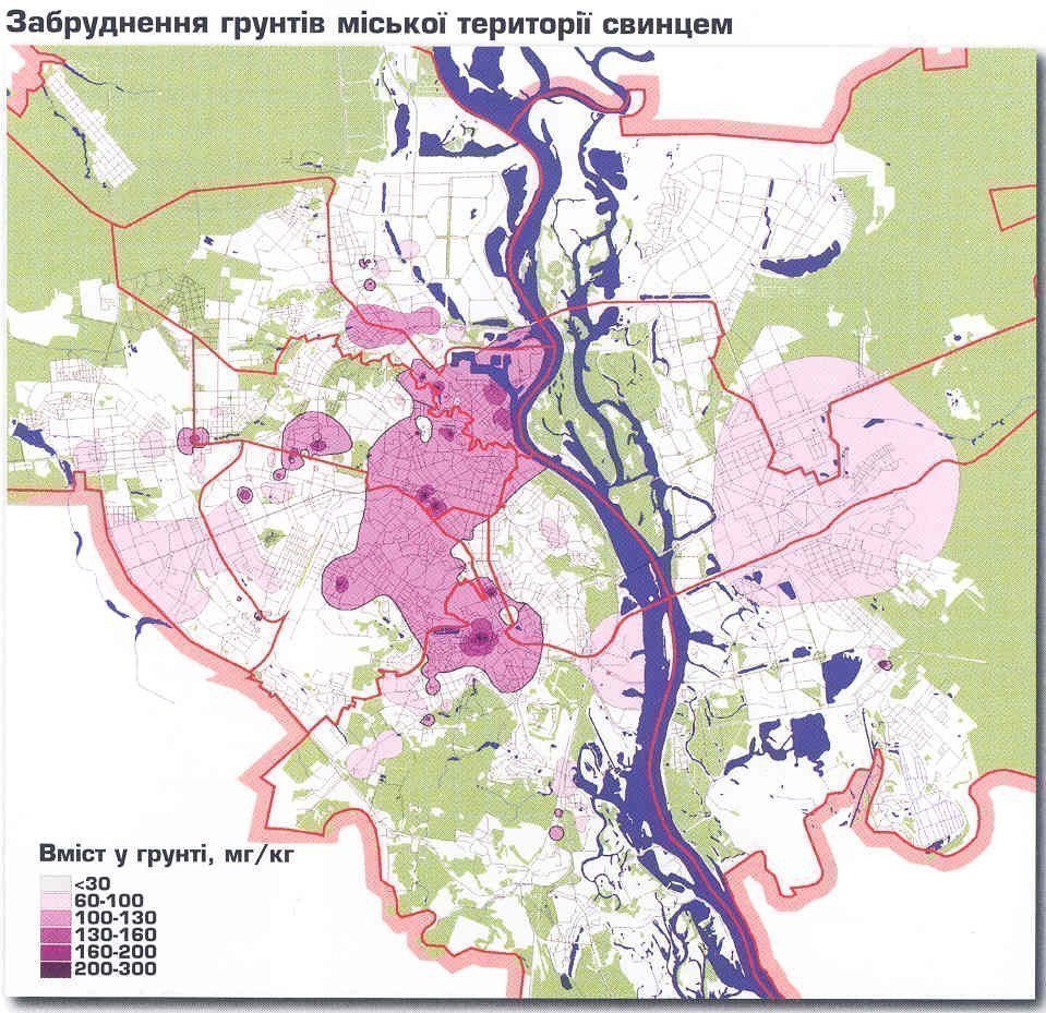 Картинка: Карта забруднення грунтів Києва свинцем